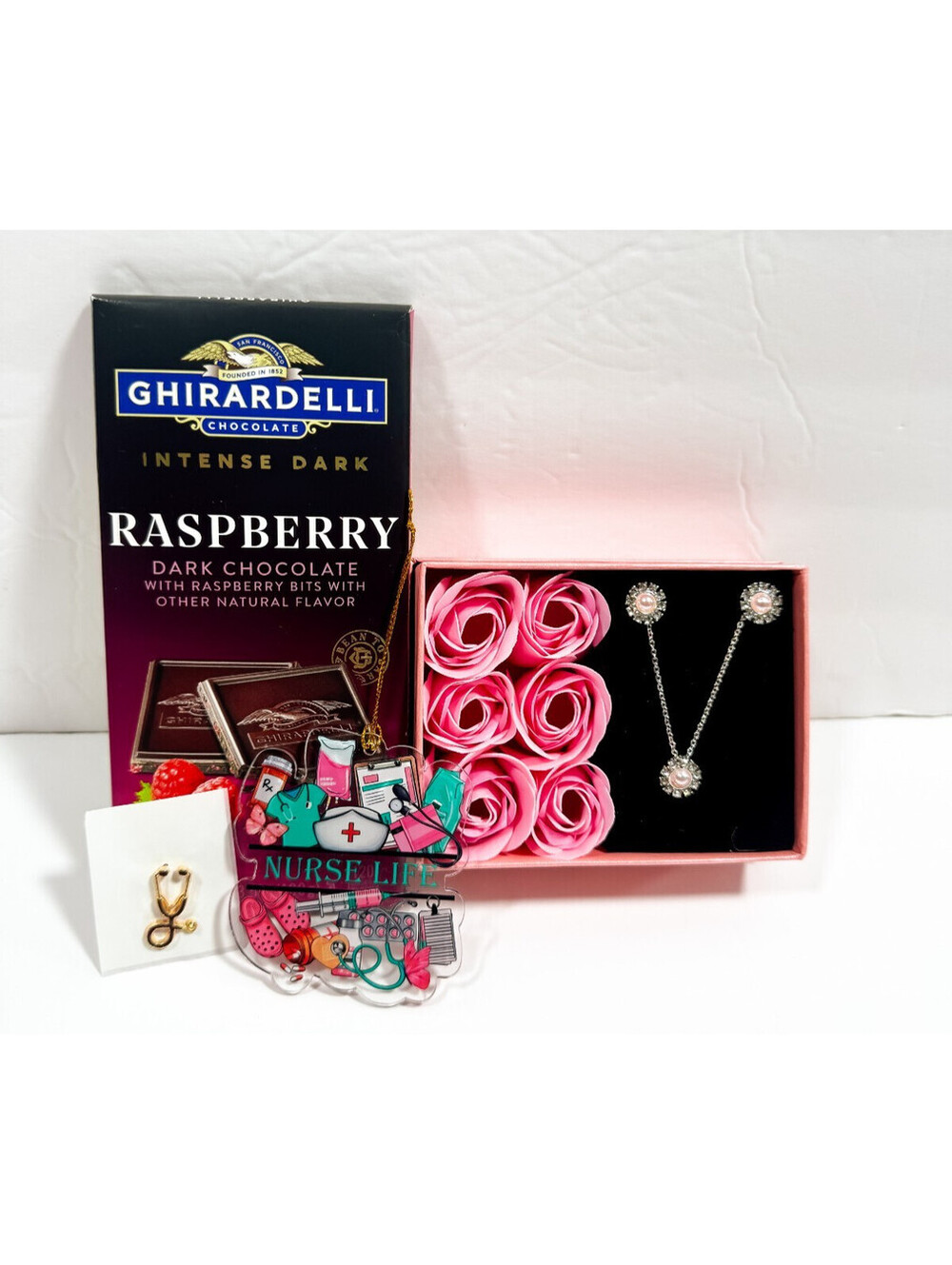 Nurses Gift Box with Raspberry Dark Chocolate, Pink Rose Box - Picture 1 of 11